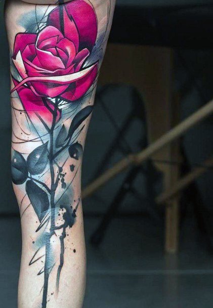 Pink Rose Tattoo Womens Leg
