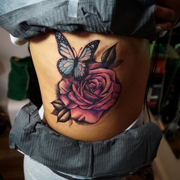 Pink Rose With Butterfly Tattoo Womens Torso
