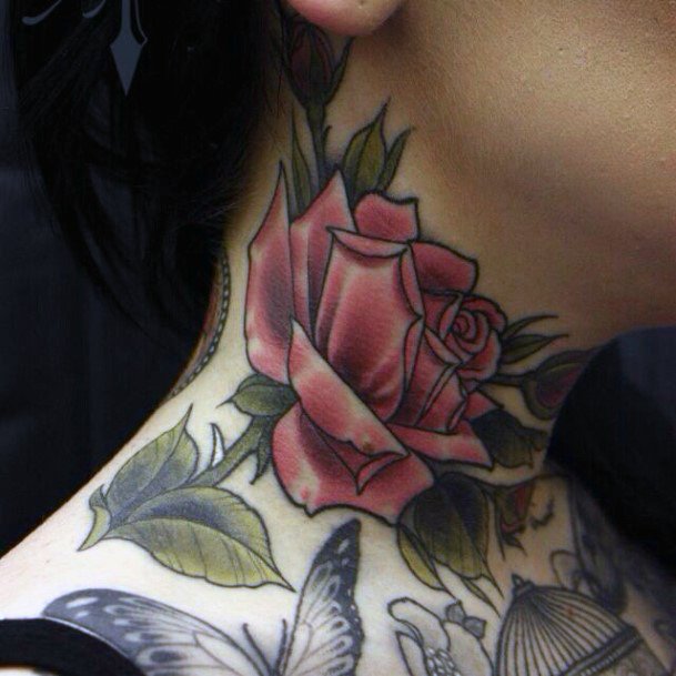 Pink Rose Womens Neck Tattoo