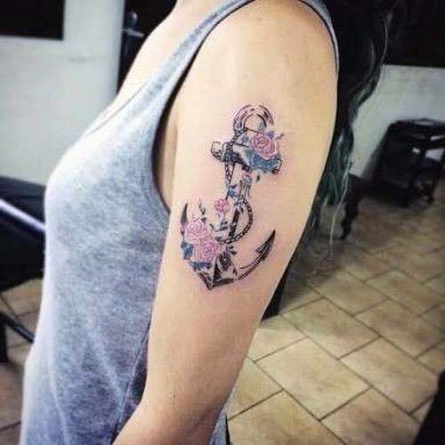 Pink Roses And Anchor Tattoo Womens Arms