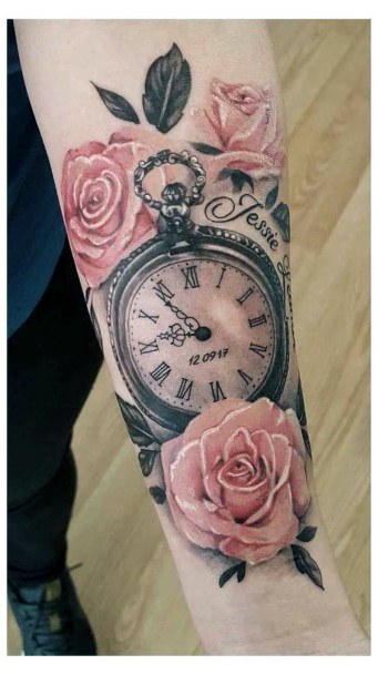 Pink Roses And Clock Tattoo On Arms