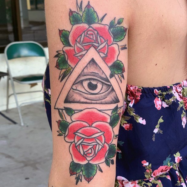 Pink Roses And Eye Tattoo For Women On Arms