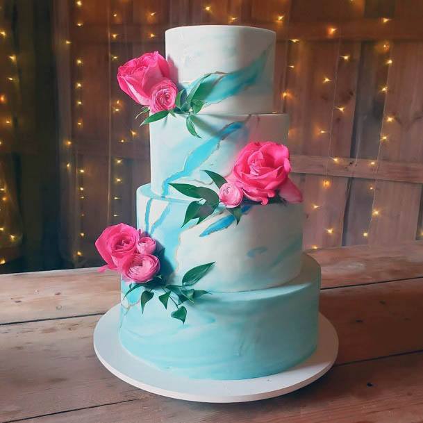 Pink Roses On Blue Wedding Cake Decor