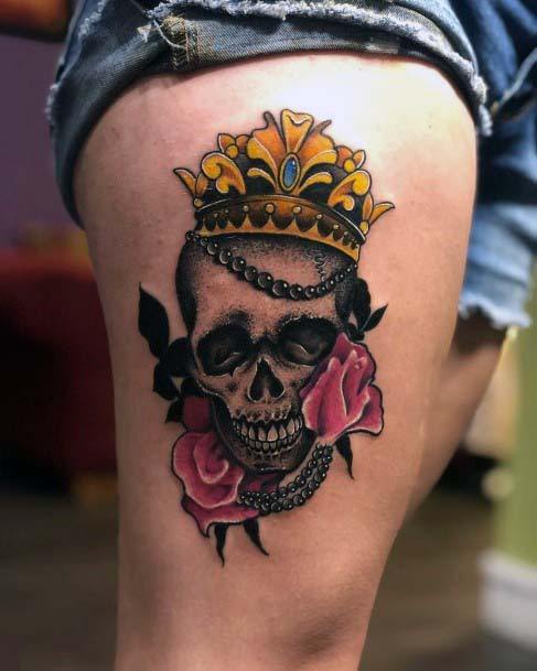 Pink Roses Skull Yellow Crown Tattoo Womens Thighs