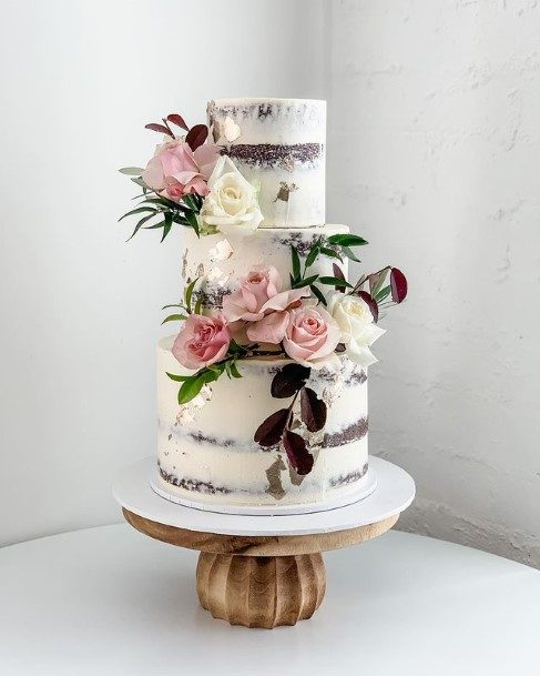 Pink Roses White Wedding Cake