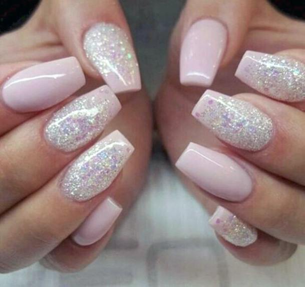 Pink Tinged Snow Nails With Glitter Women