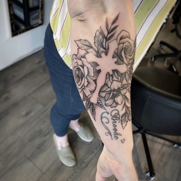 Pious Cross Tattoo With Flowers Forearms Of Women