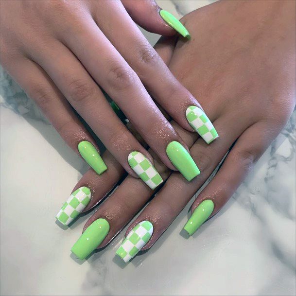 Pista Green Checkered Nails Women