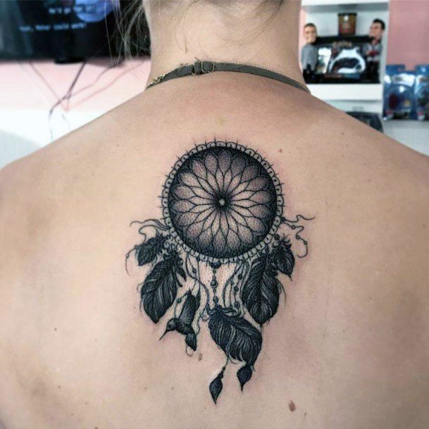 Pitch Black Dream Catcher Tattoo Womens Back