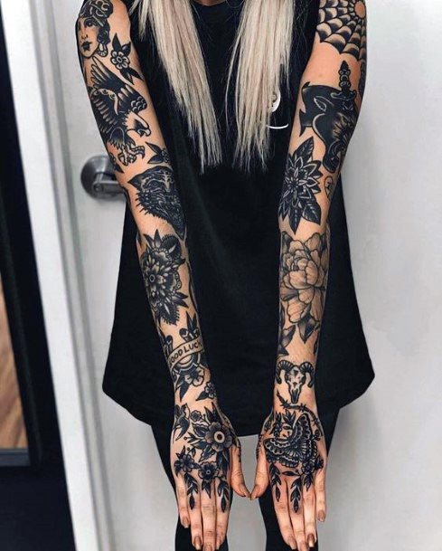 Pitch Black Traditional Tattoo Womens Full Sleeves