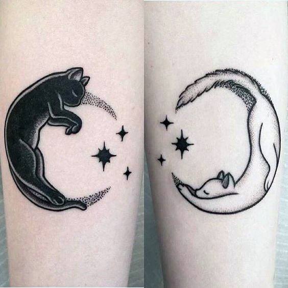 Playful Cats Moon Shaped With Stars Tattoo For Women