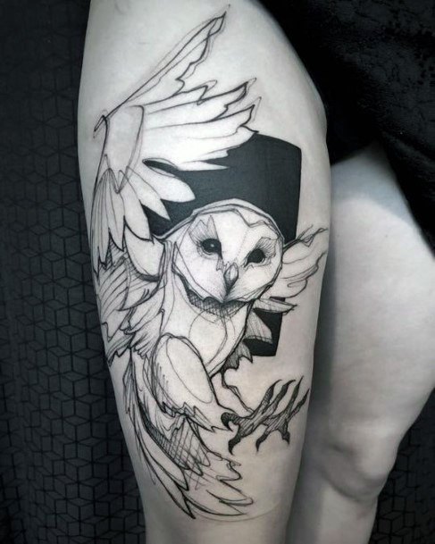 Playful Dark Owl Tattoo Womens Thighs