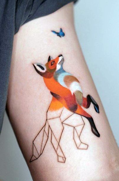 Playful Fox And Butterfly Geometric Tattoo For Women