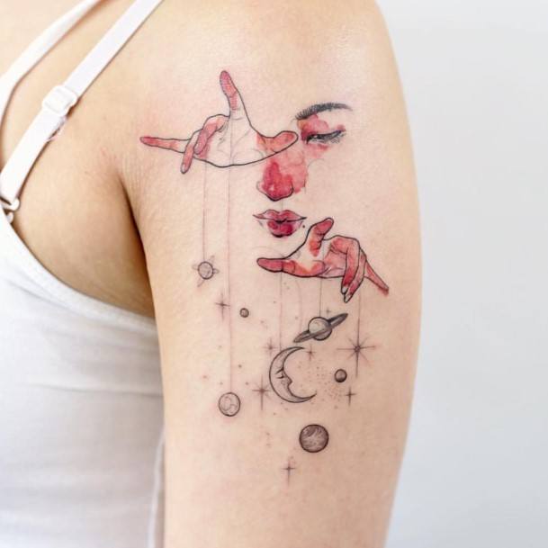 Playing With The Planets Tattoo Womens Arms