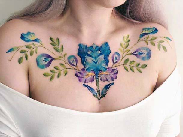 Pleasing Blue Pea Floral Tattoo Womens Collarbone