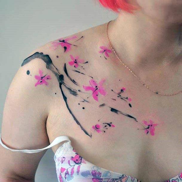 Pleasing Pink Floral Tattoo Womens Shoulder