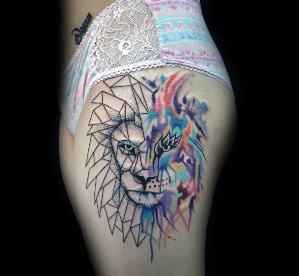 Pleothora Of Colours And Black Lion Tattoo Womens Thighs