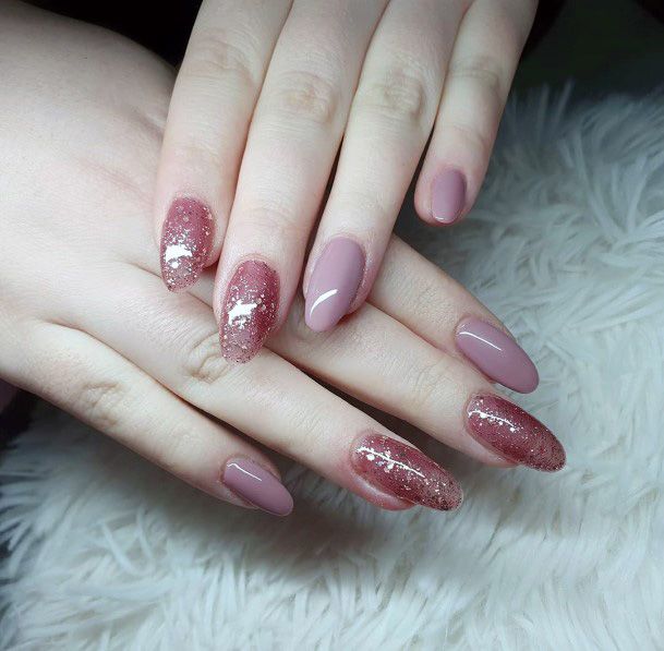 Plum Colored Almond Nails With Glitter For Women
