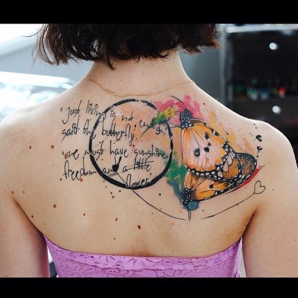 Poem And Butterfly Tattoo Womens Back