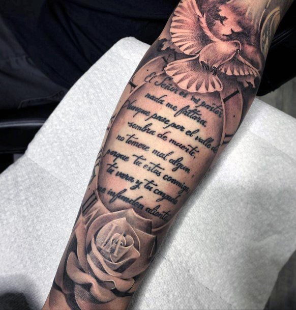 Poetic Words Roses And Dove Tattoo For Women