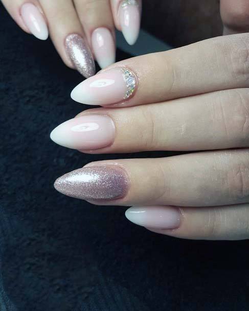 Pointed Light Pink Nails With White Glitter Ideas