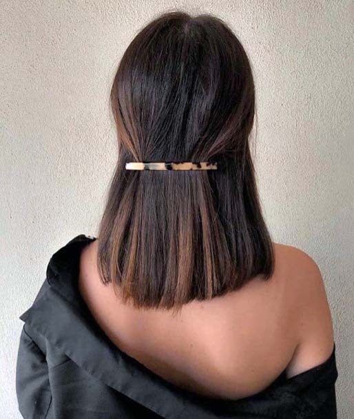 Polished Dark Brown Caramel Highlighted Straight Pinned Womens Hairstyle Idea