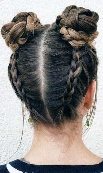 Polished Two Braided Dark Brown Highlighted High Buns Womens Hairstyle