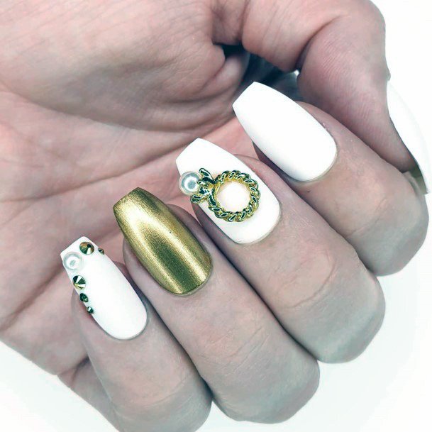 Polished White Nail With Gold Accessory
