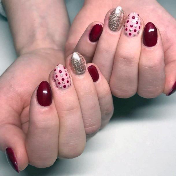 Polka Dots Gold And Red Nails Women