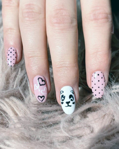 Polka Dotted Heart And Panda Nails