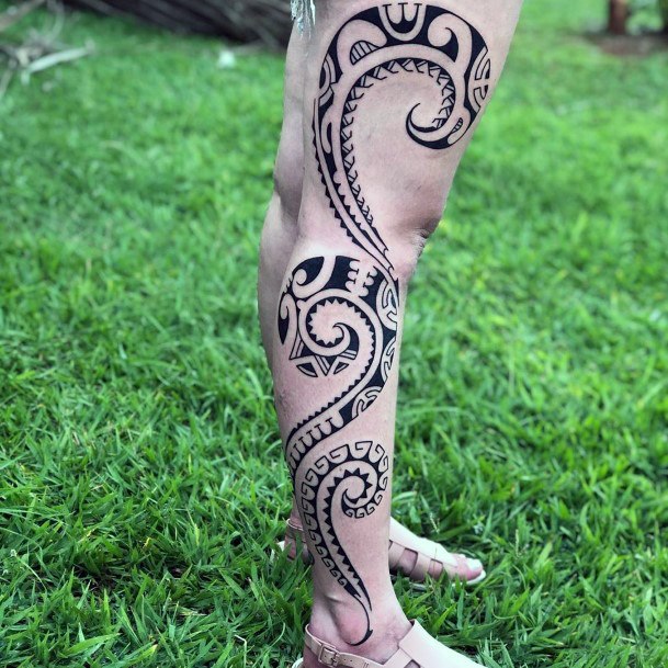 Polynesian Tribal Tattoo On Legs Women