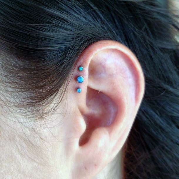 Popular And Cute Triple Forward Helix Turquoise Stone Inspirational Piercing Ideas For Women