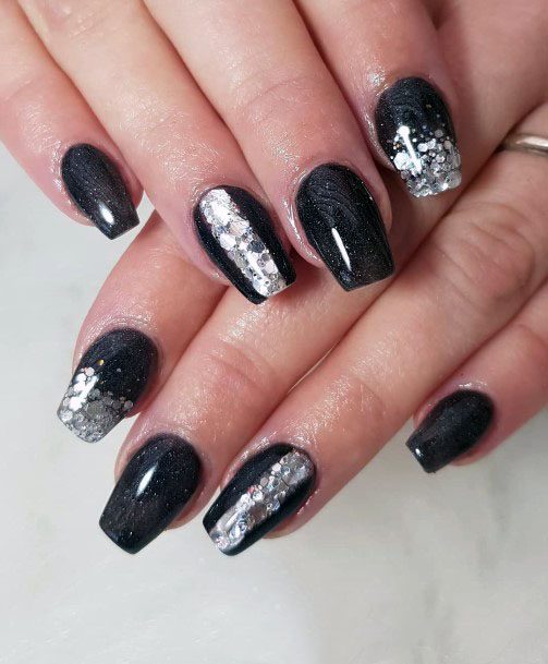 Precious Silver On Dark Black Nails Women