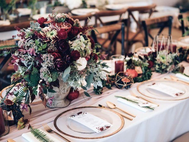 Pretty Dark Burgandy Floral Table Decoration Wedding Reception Ideas