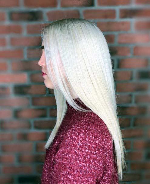 Pretty Dark Rooted White Platinum Blonde Sleek Straight Womens Hairstyle