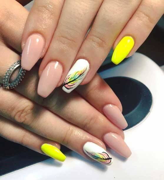 Pretty Feather On Yellow Nails Women