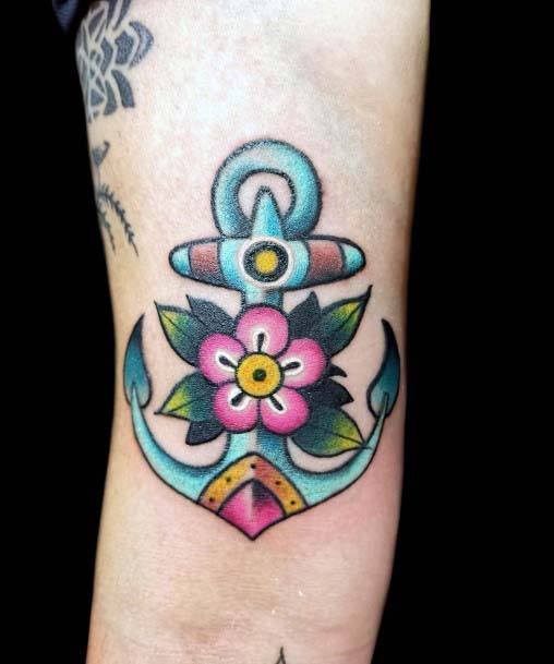 Pretty Flower And Anchor Tattoo For Women