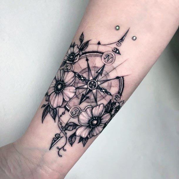 Pretty Flowers And Compass Tattoo Womens Forearms