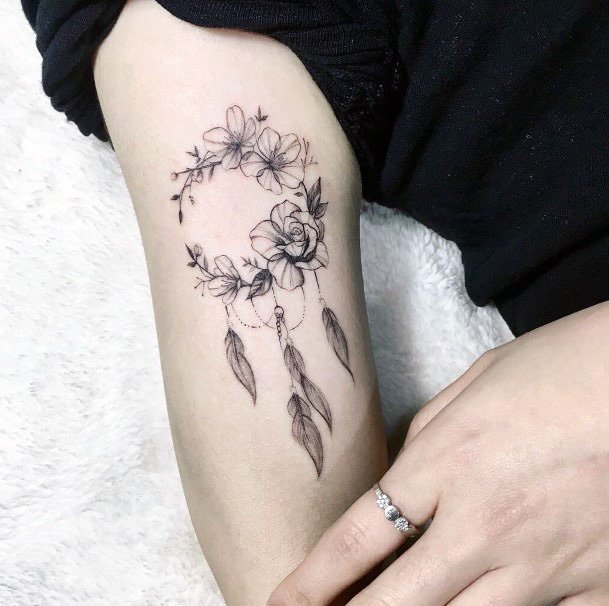 Pretty Flowers Dream Catcher Tattoo On Arms