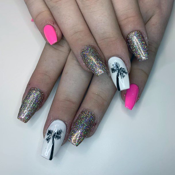 Pretty Glittery Gold Neon Pink White Palm Tree Nails Design Ideas For Woen