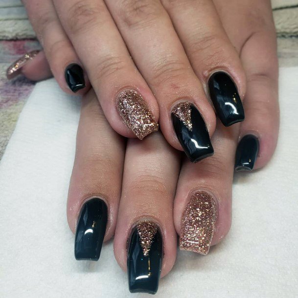 Pretty Gold And Black Sparkly Nails For Girls