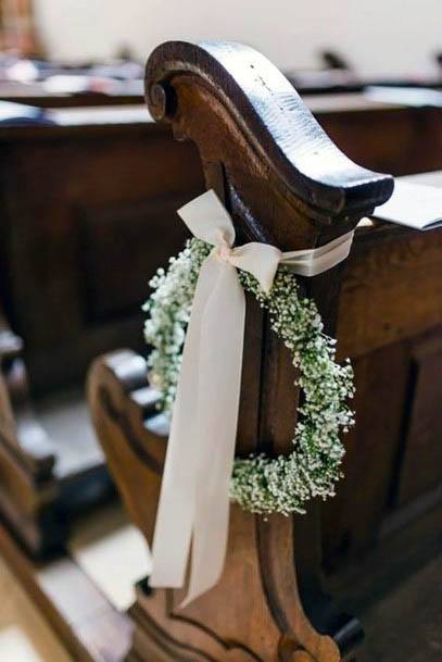 Pretty Green Frosted Wreath Sleek White Ribbon Pew Wedding Decoration Ideas