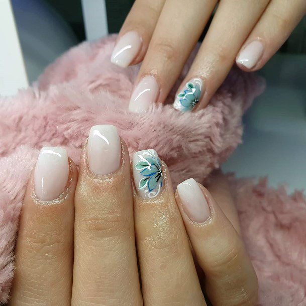 Pretty Green Petalled Flower On White Square Nails