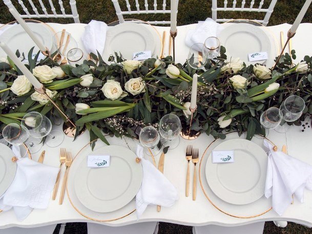 Pretty Greenery White Bloom Table Runner Wedding Reception Decoration Ideas