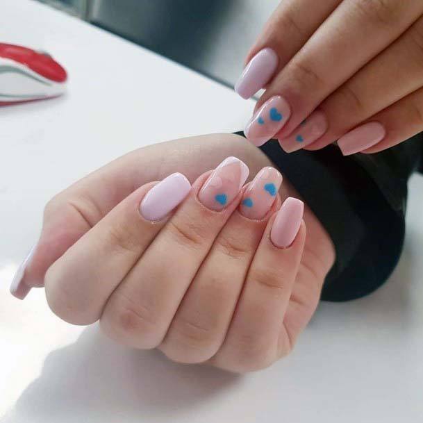 Pretty Little Blue Hearts On Light Pink Nails