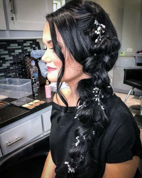 Pretty Long Black Side Braid Hairstyle For Women With Florals