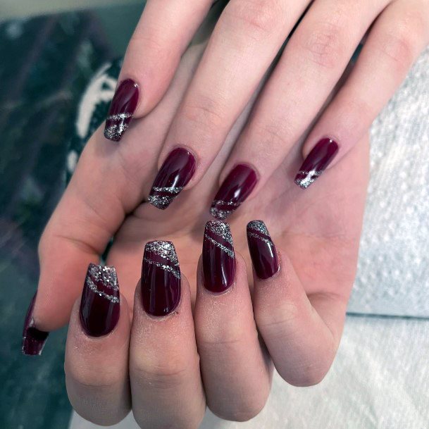 Pretty Maroon And Silver Nails Women