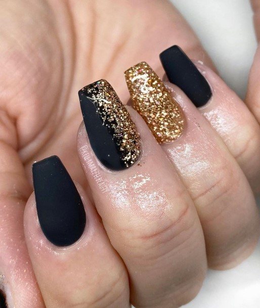 Pretty Matte Black And Gold Nails Women