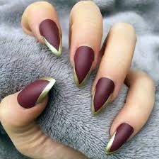 Pretty Matte Maroon And Gorgeous Metalic Gold Tip Nail Design Ideas For Stylish Women