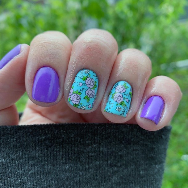 Pretty Matte Purple And Blue Nails With Floral Design For Women
